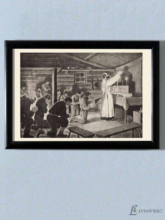 Affiche - Edmond Massicotte "La messe de minuit au camps de bûcherons"